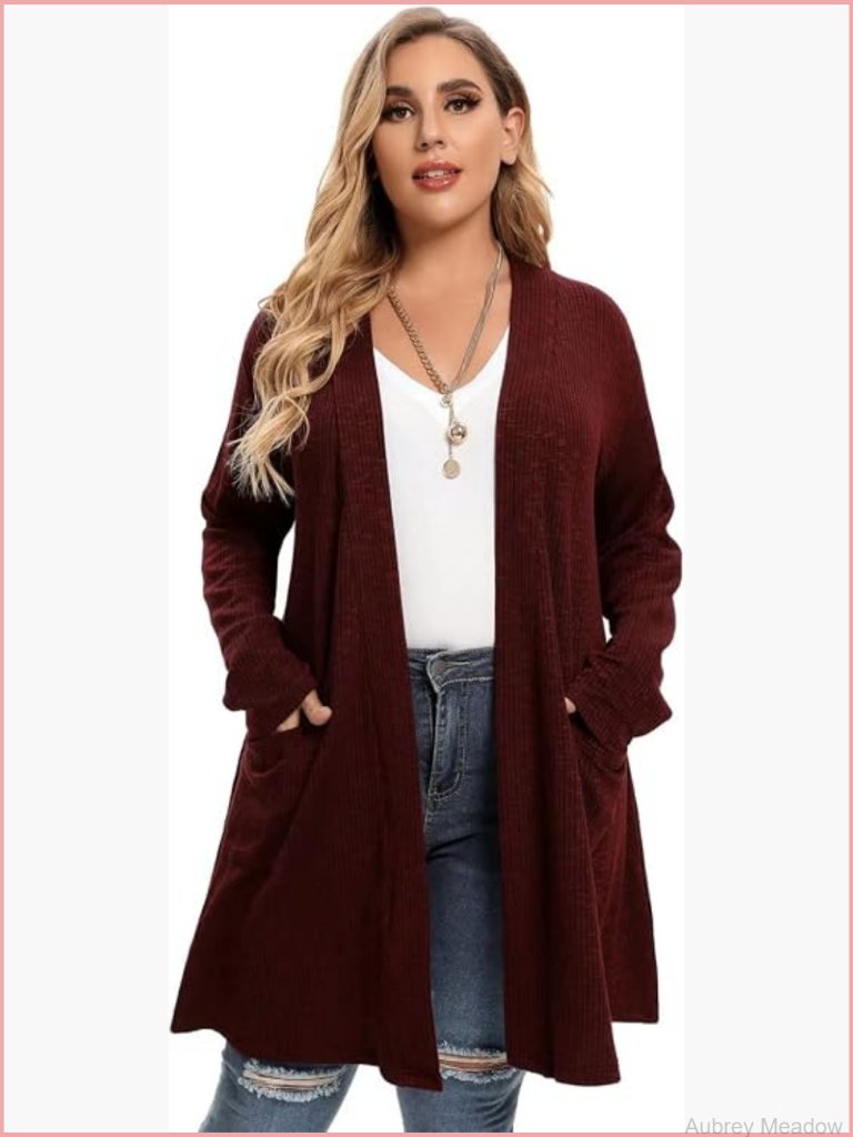 Plus Size Open Front Knit Cardigan With Pockets Long Sleeve Lightweight